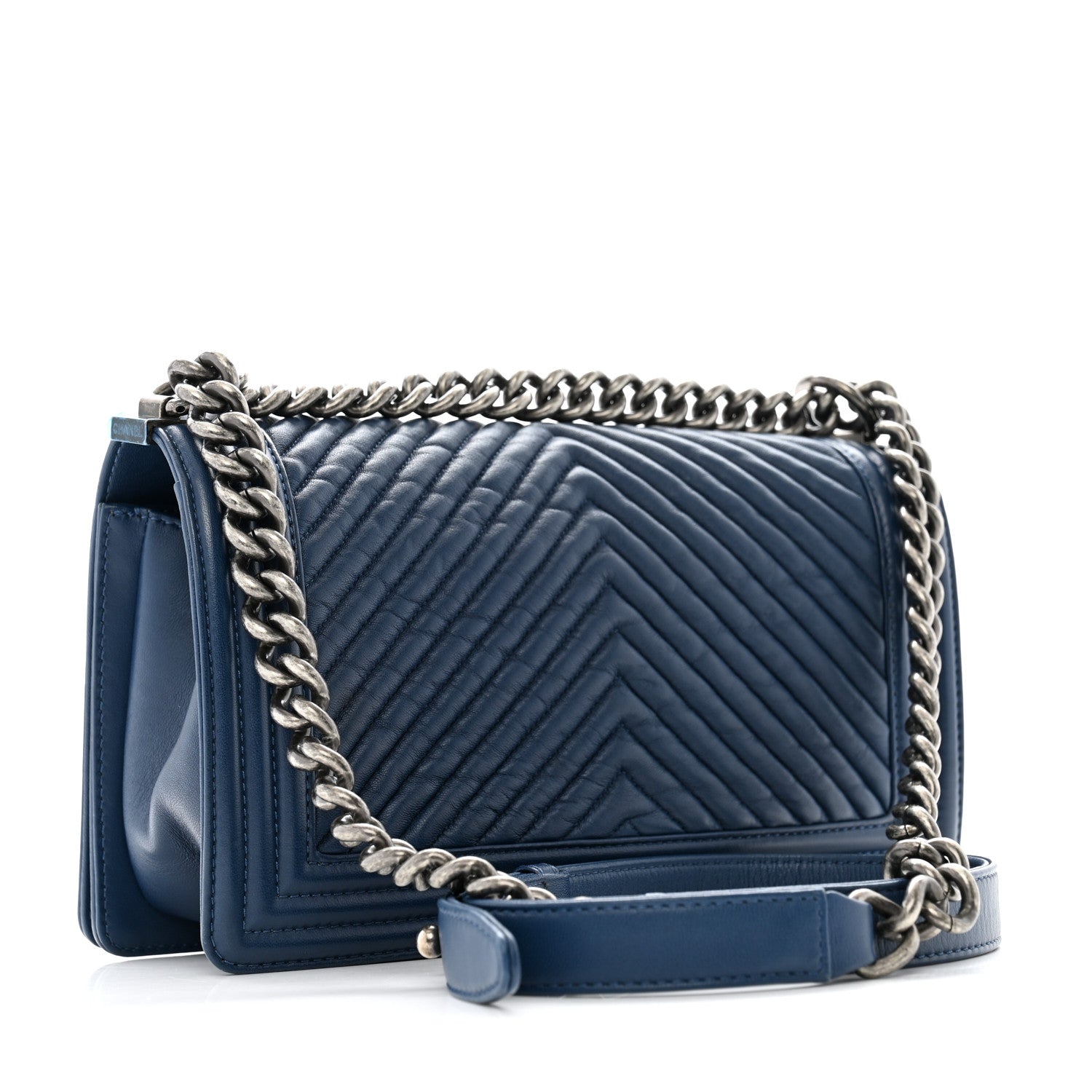 Chanel Calfskin Chevron Quilted Medium Boy Flap Dark Navy Blue 3 of 12