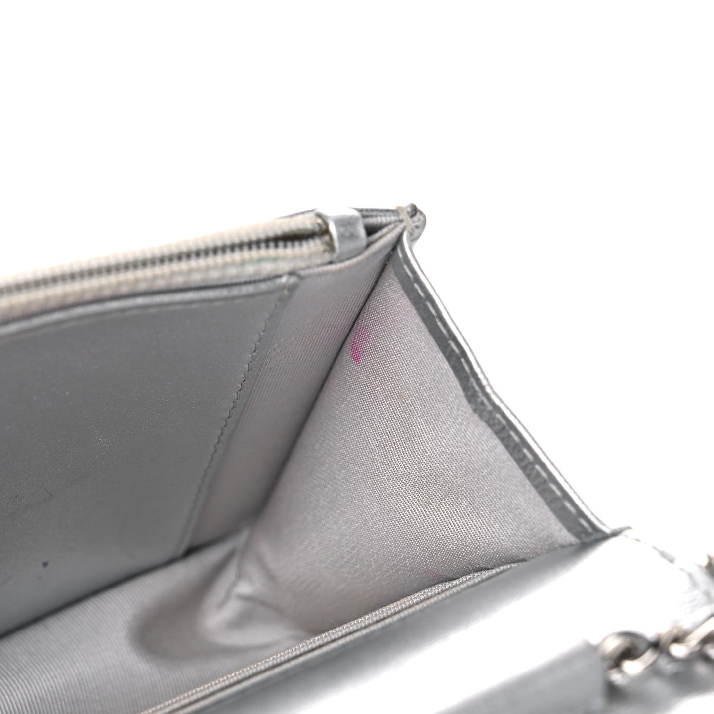 Metallic Lambskin Quilted Wallet On Chain WOC Silver