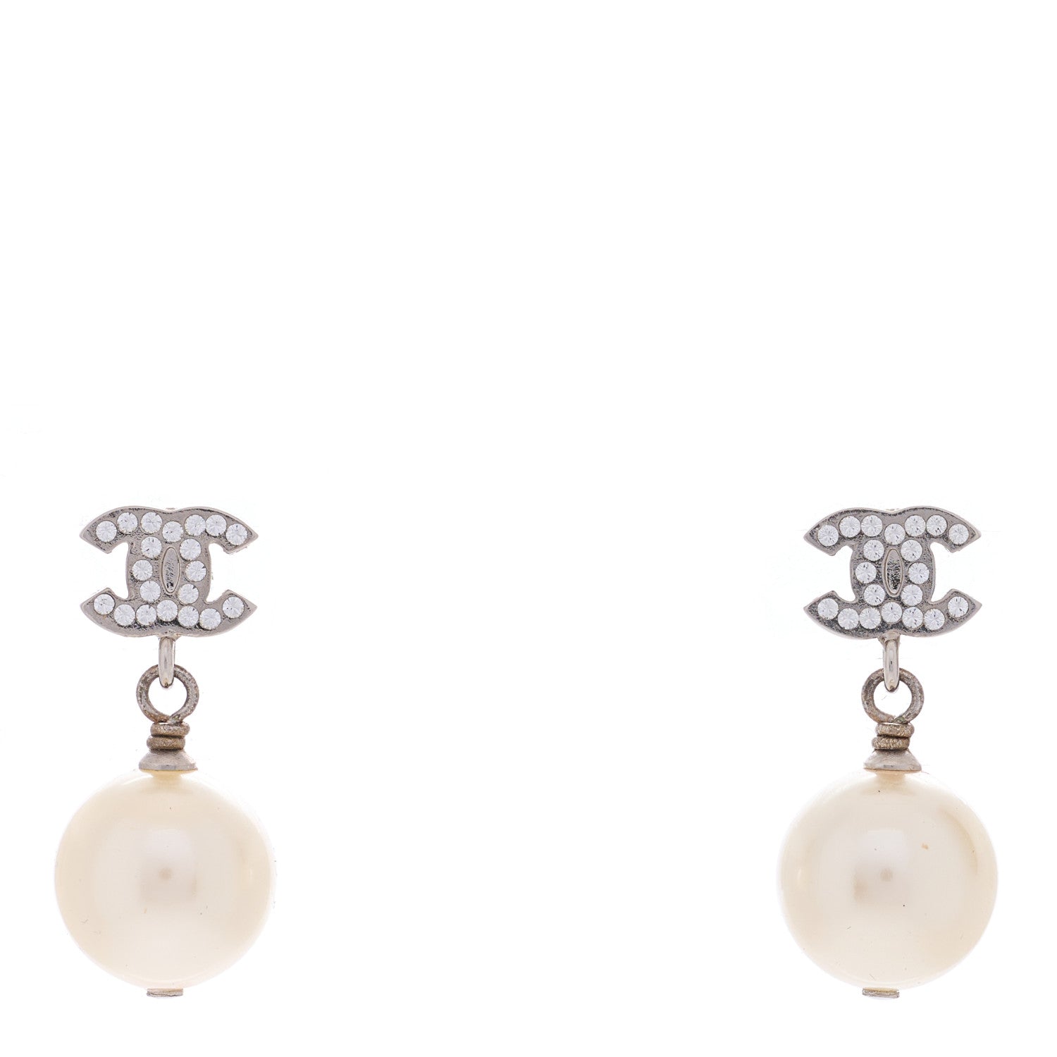 Chanel Crystal Pearl CC Drop Earrings Silver Pearly White 1 of 4