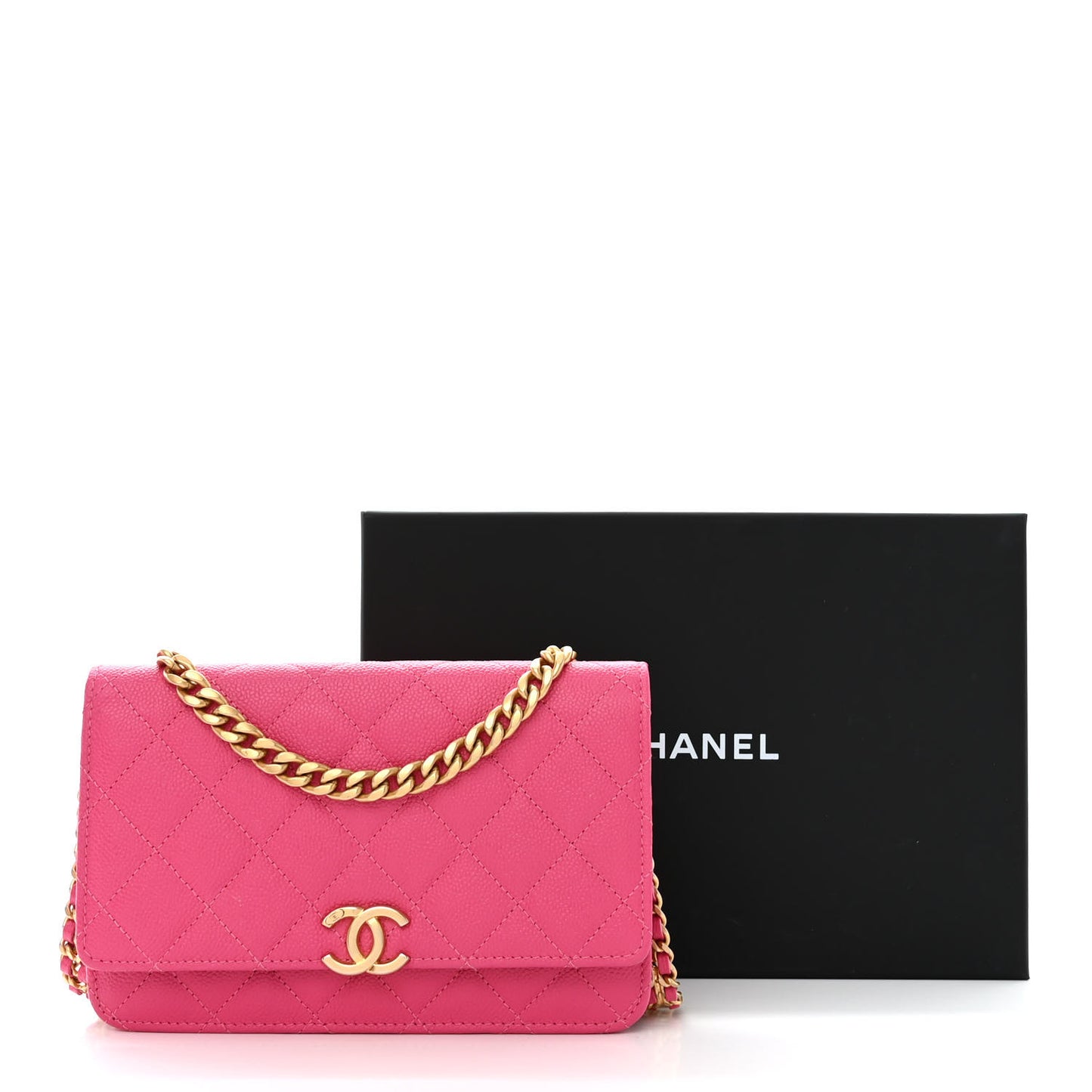 Shiny Caviar Quilted Chain Melody Wallet On Chain WOC Dark Pink