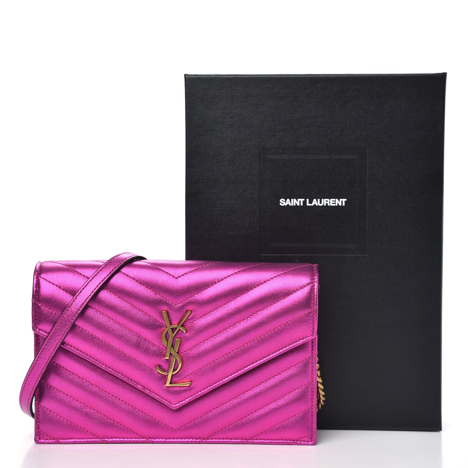 Saint Laurent Metallic Calfskin Matelasse Chevron Monogram Envelope Chain Wallet Fuchsia 10 of 10