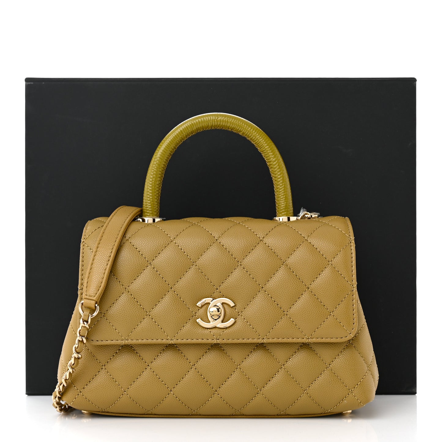 Caviar Lizard Embossed Quilted Mini Coco Handle Flap Green