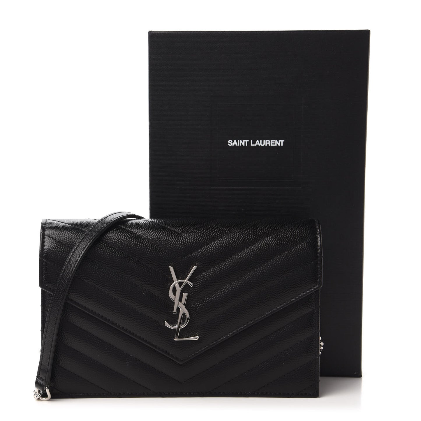 Grain De Poudre Matelasse Chevron Monogram Envelope Chain Wallet Black