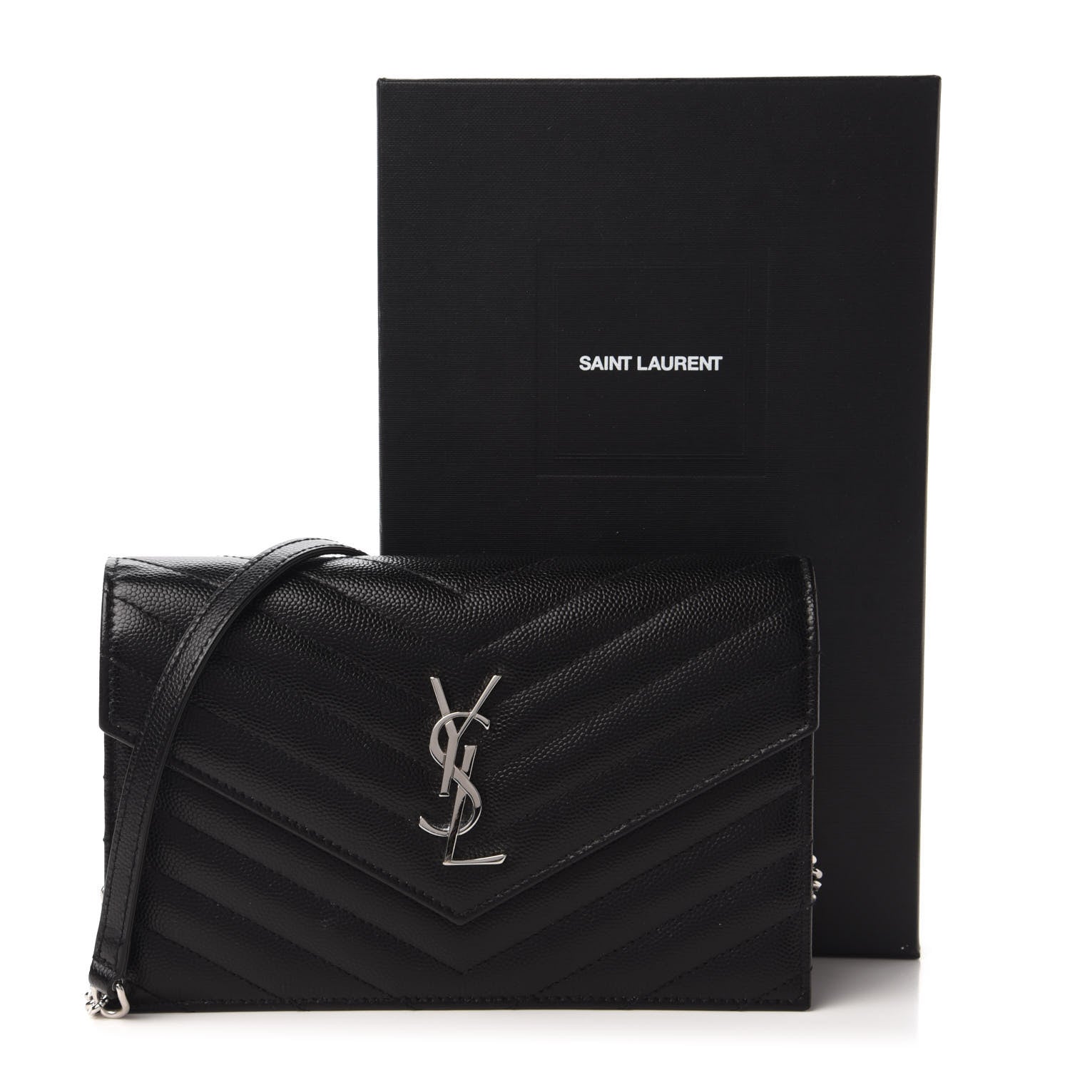 Saint Laurent Grain De Poudre Matelasse Chevron Monogram Envelope Chain Wallet Black 10 of 10