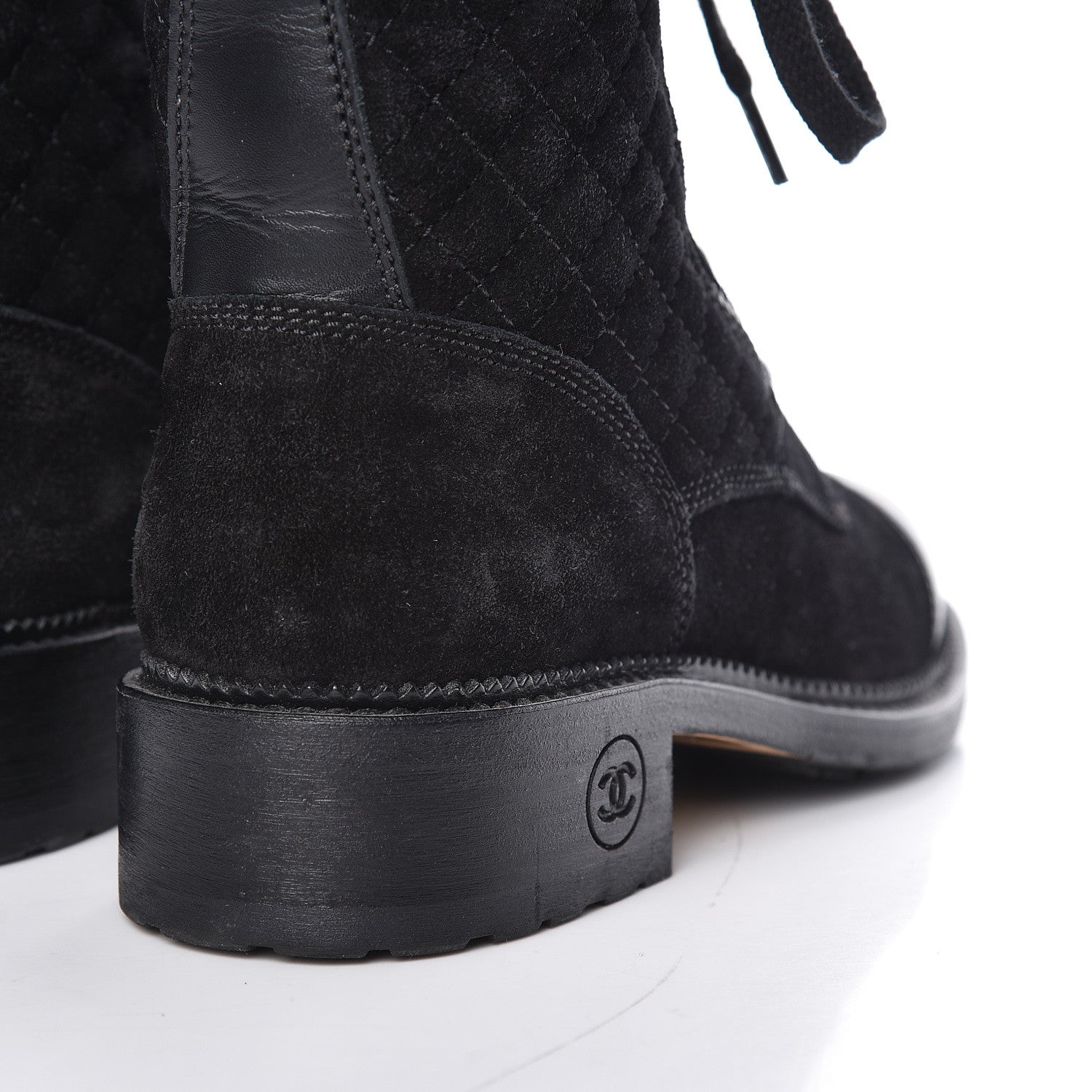Chanel Suede Quilted CC Lace Up Combat Boots 37 Black 10 of 15
