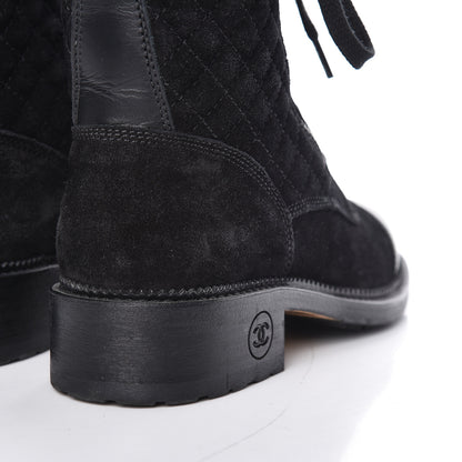 Chanel Suede Quilted CC Lace Up Combat Boots 37 Black 10 of 15