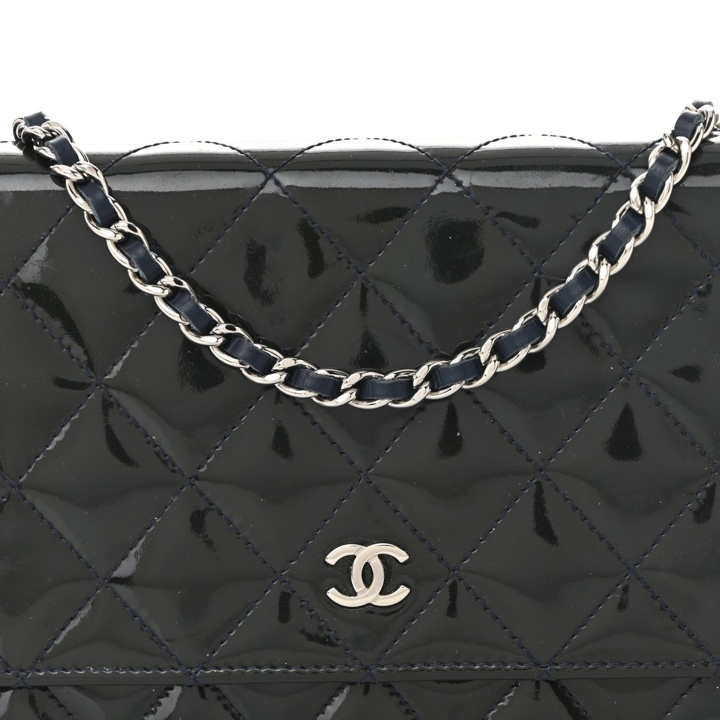 Patent Quilted Wallet On Chain WOC Navy Blue