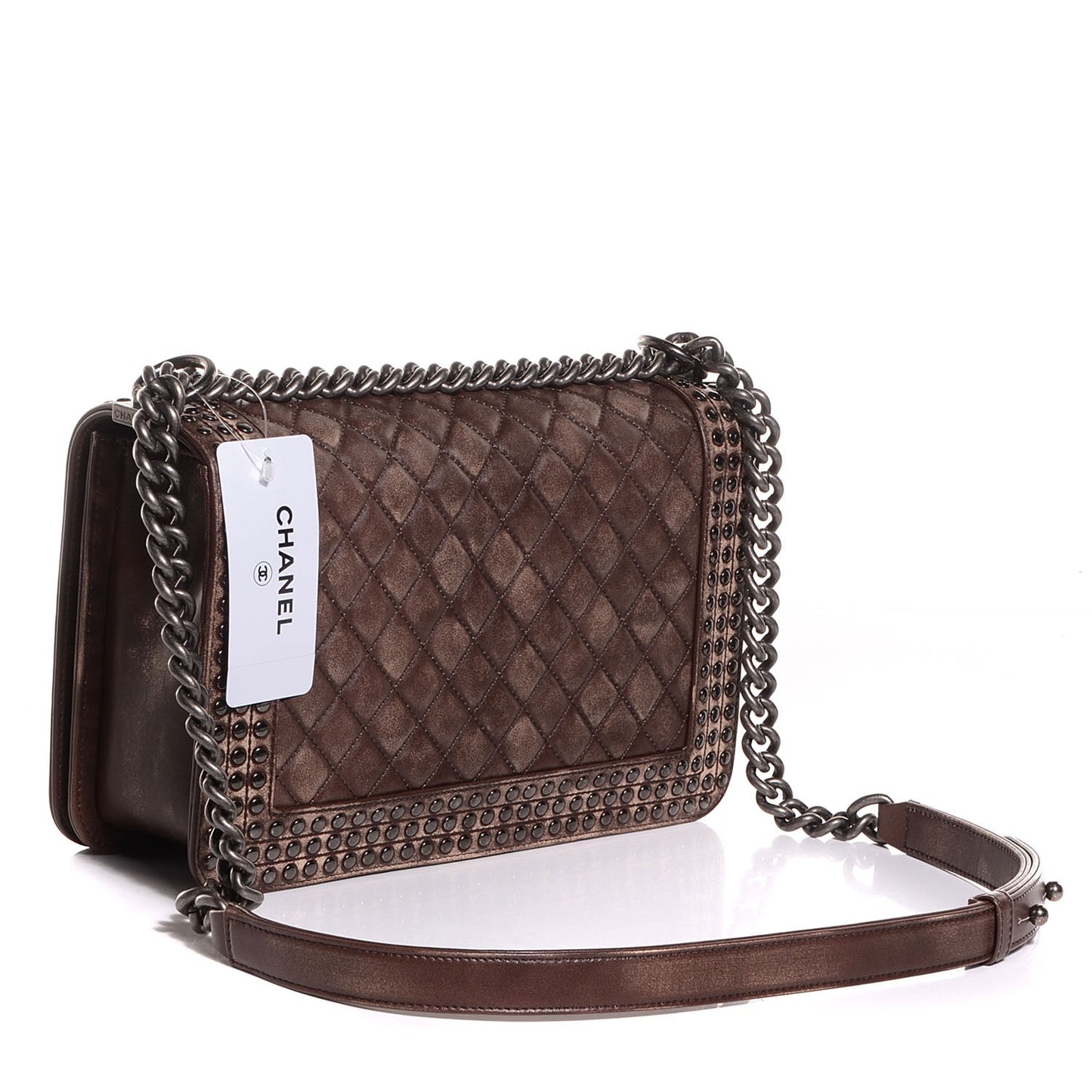 Faded Calfskin Studded Large Boy Flap Brown Beige