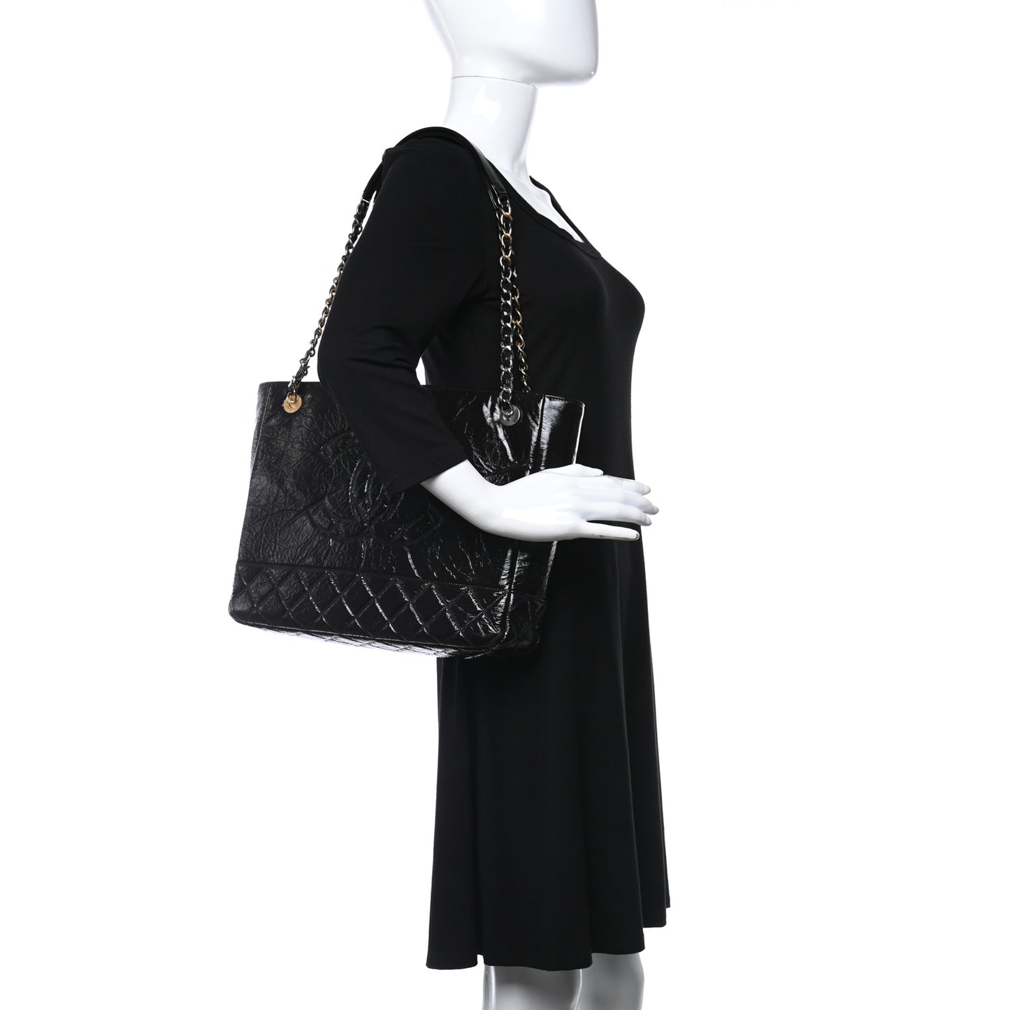 Shiny Aged Calfskin Quilted Small Shopping Bag Black