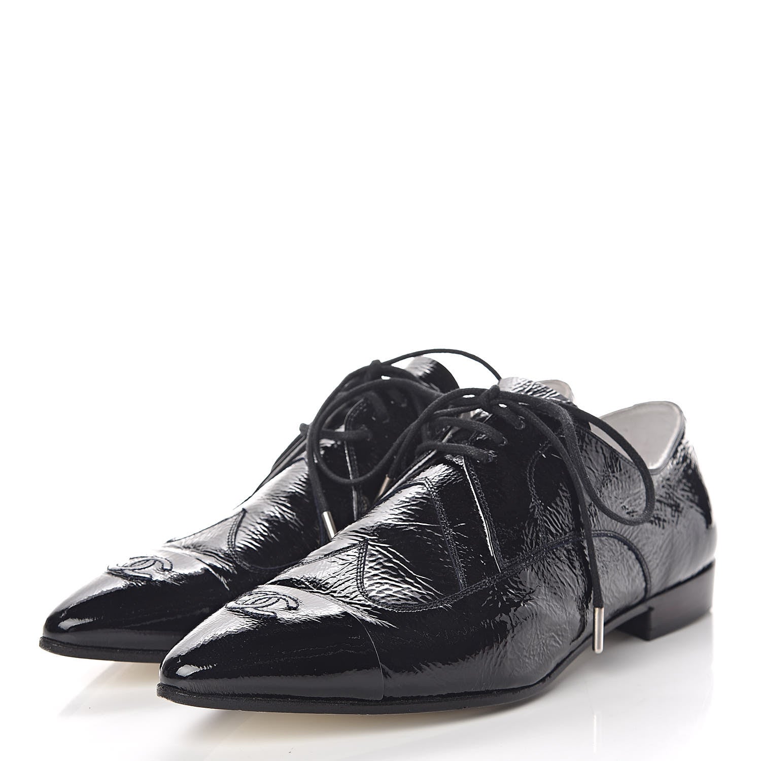 Chanel Patent Goatskin CC Lace Up Oxfords 36 Dark Navy 3 of 16