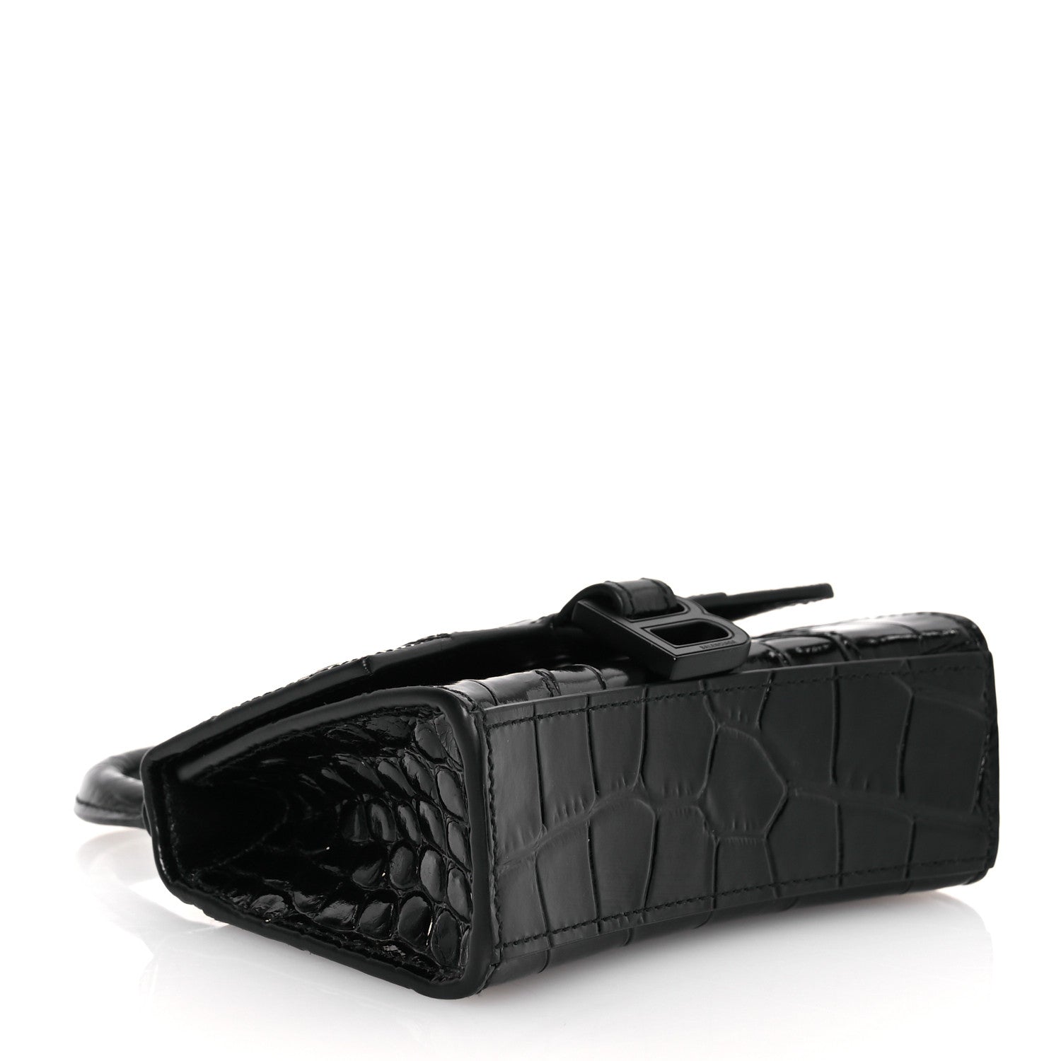 Balenciaga Shiny Calfskin Monochrome Crocodile Embossed Hourglass Top Handle Bag Mini with Chain Black 4 of 12