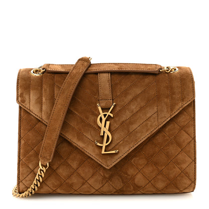 Saint Laurent Suede Mixed Matelasse Triquilt Medium Monogram Envelope Satchel Bark Brown 1 of 11