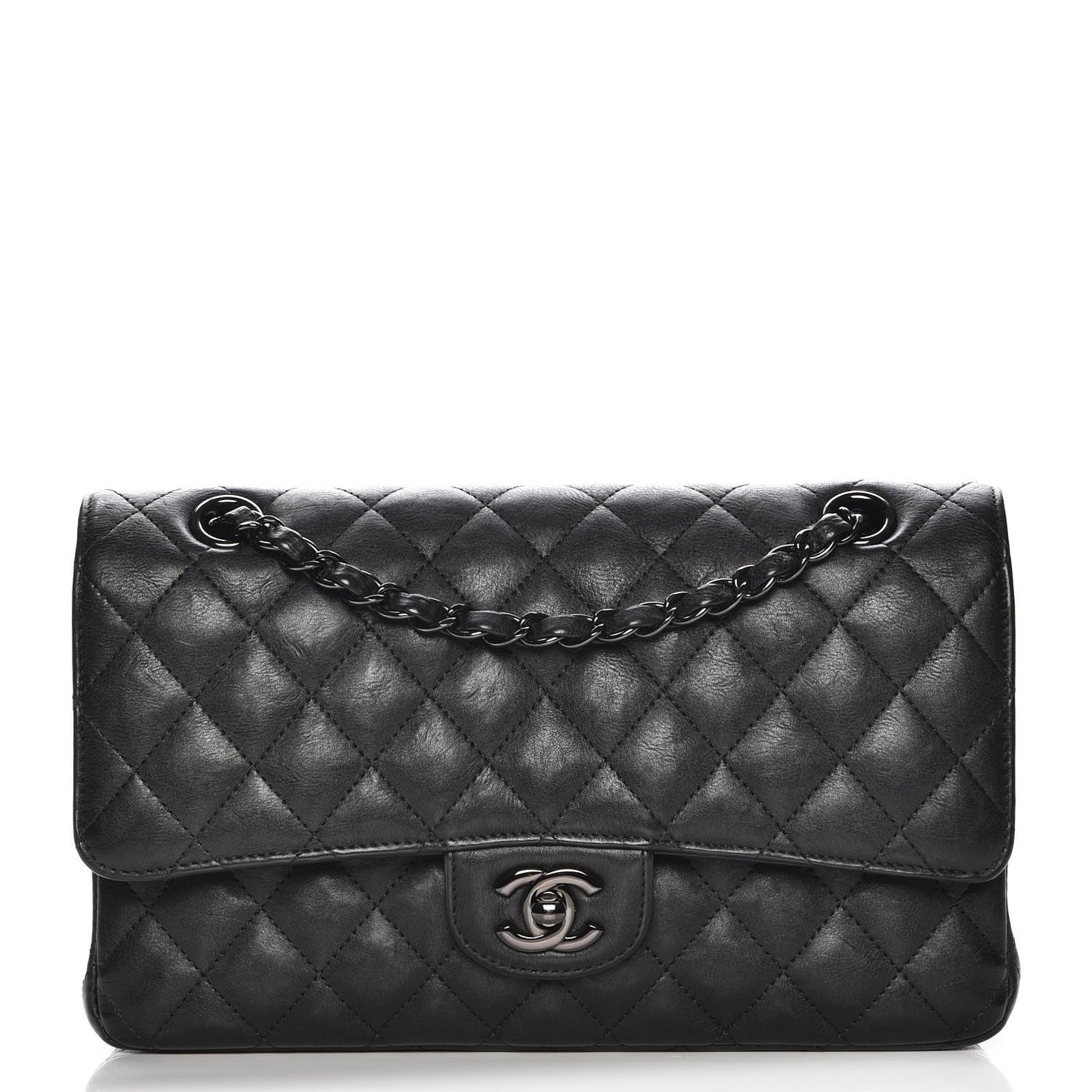 Crumpled Calfskin Quilted Medium Double Flap So Black