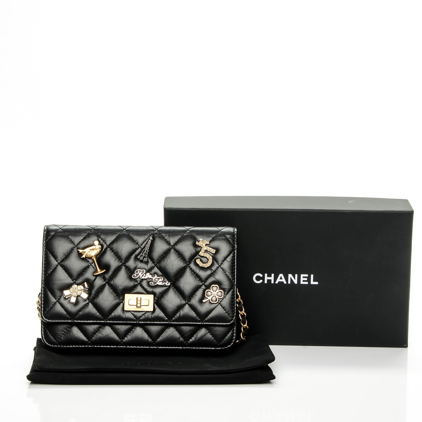 Aged Calfskin Quilted Lucky Charms 2.55 Reissue Wallet On Chain WOC Black