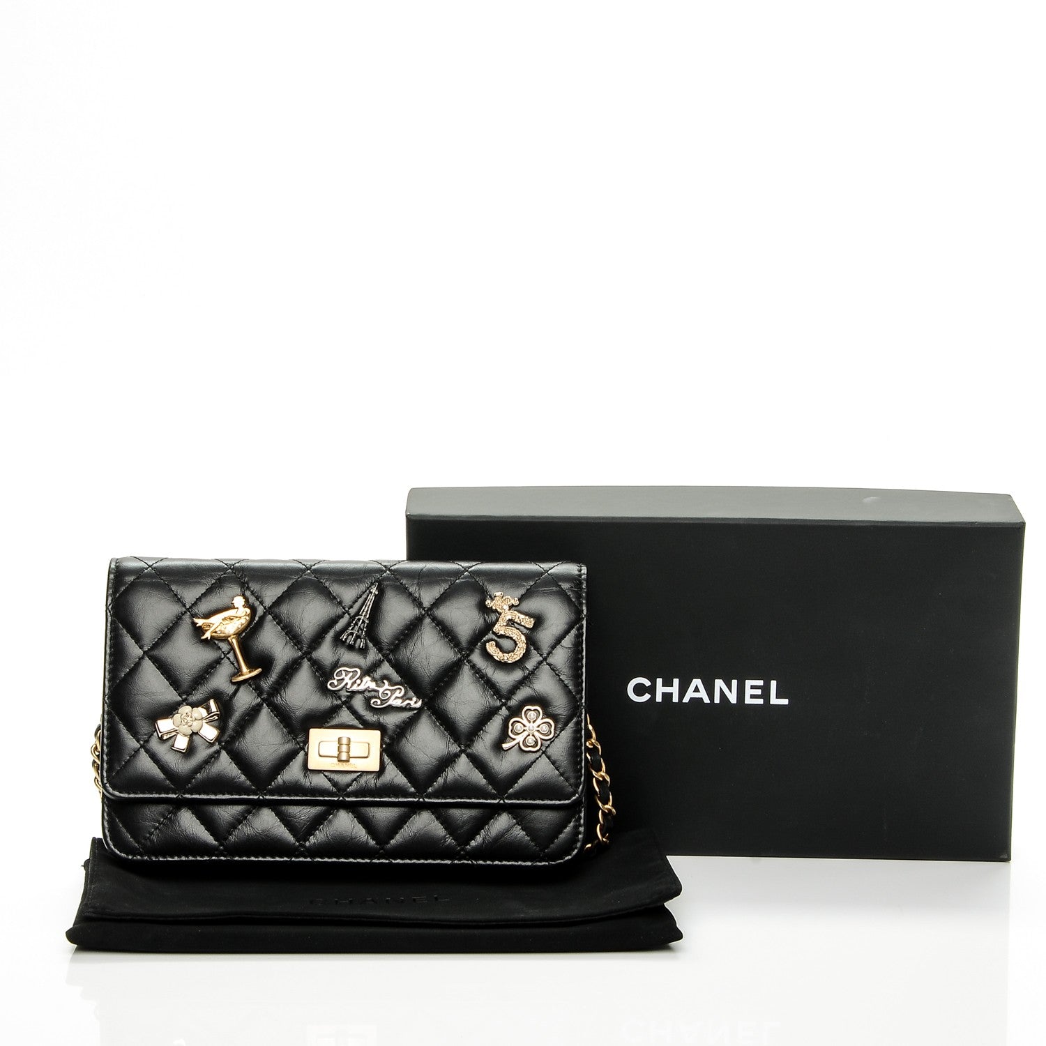 Chanel Aged Calfskin Quilted Lucky Charms 2.55 Reissue Wallet On Chain WOC Black 9 of 9