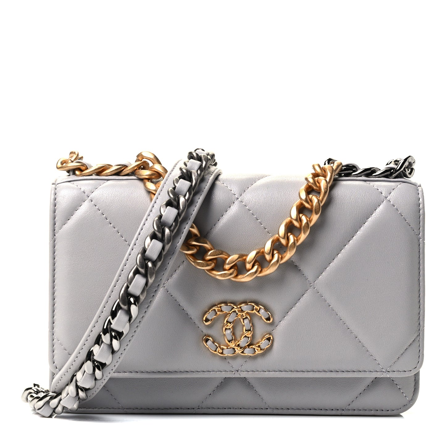 Lambskin Quilted Chanel 19 Wallet On Chain WOC Grey