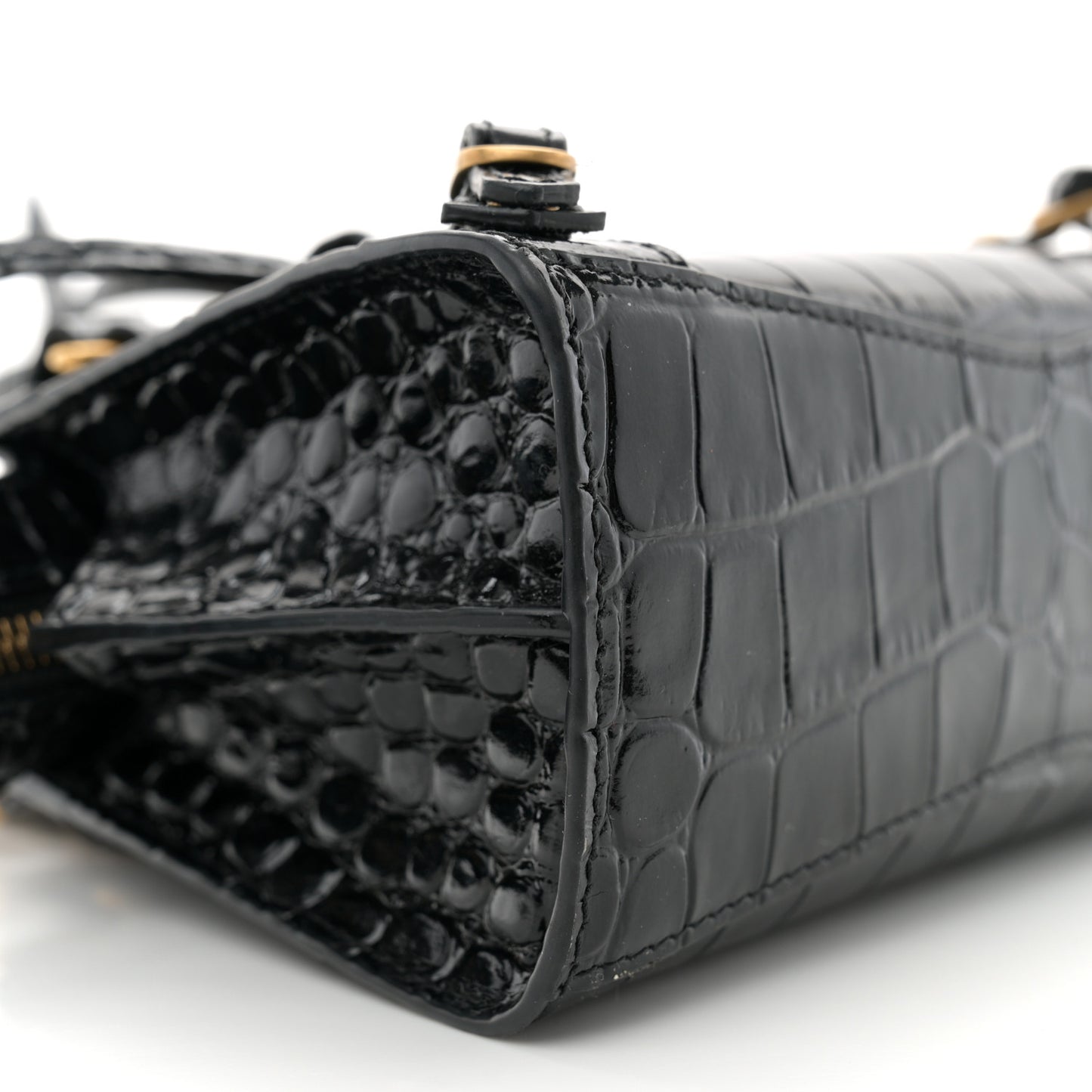 Shiny Supple Calfskin Crocodile Embossed Neo Classic Gold Hardware Nano City Crossbody Black