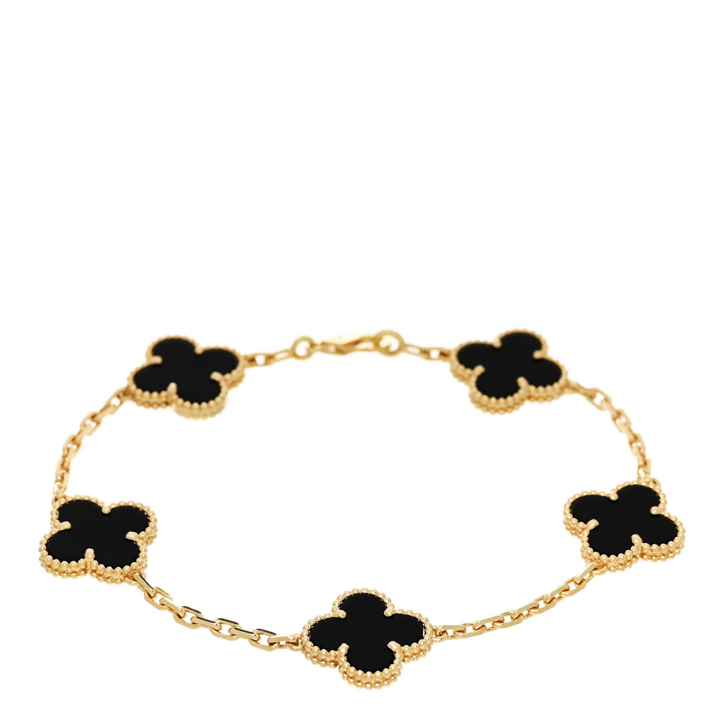 18K Yellow Gold Black Onyx 5 Motifs Vintage Alhambra Bracelet