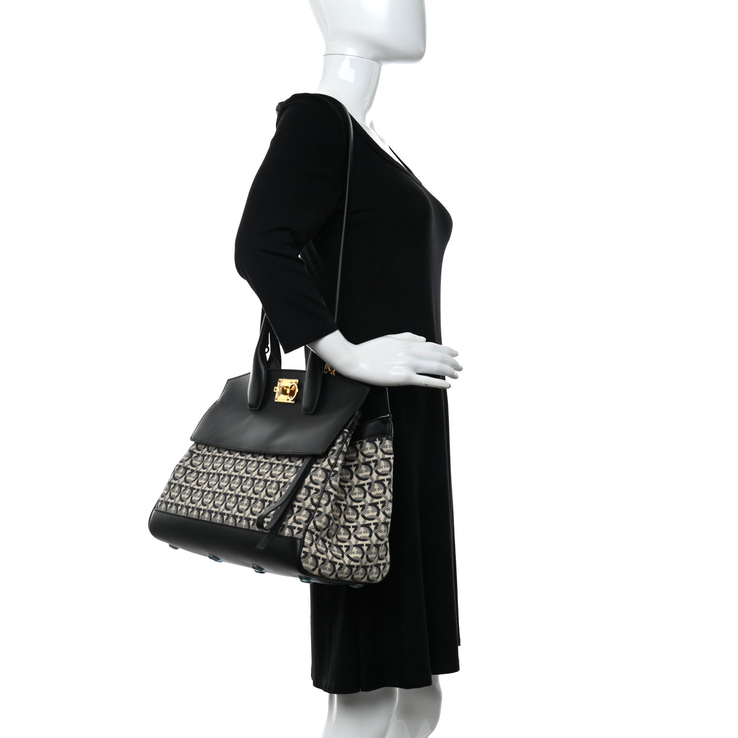 Salvatore Ferragamo Canvas Calfskin Gancini The Studio Bag Black Beige 2 of 11