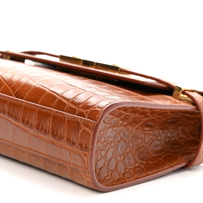 Saint Laurent Shiny Calfskin Crocodile Embossed Small Manhattan Baguette Dark Caramel 8 of 9