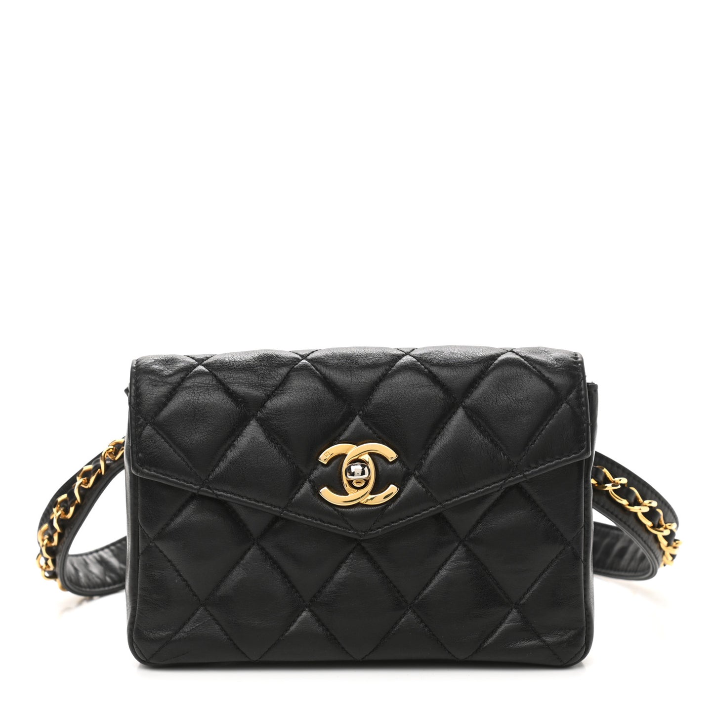 Lambskin Quilted Flap Waist Belt Bag Black