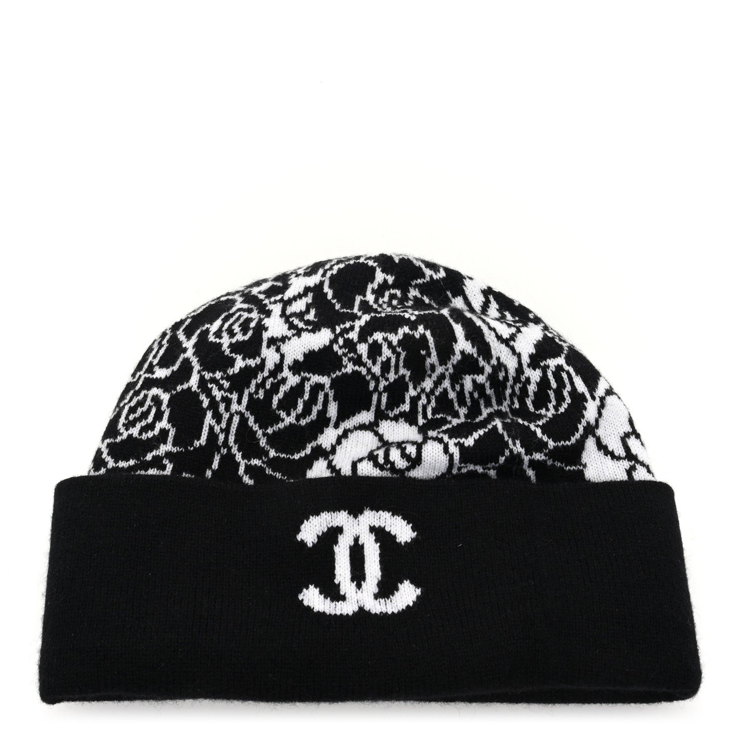 Chanel Cashmere CC Camellia Beanie Hat Black White 1 of 5
