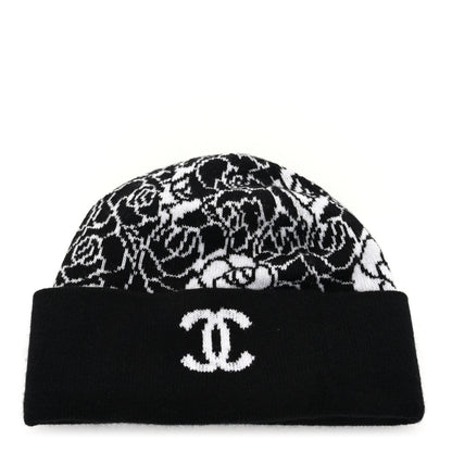 Chanel Cashmere CC Camellia Beanie Hat Black White 1 of 5