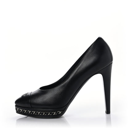 Chanel Calfskin Patent CC Cap Toe Platform Chain Pumps 38 Black 1 of 9