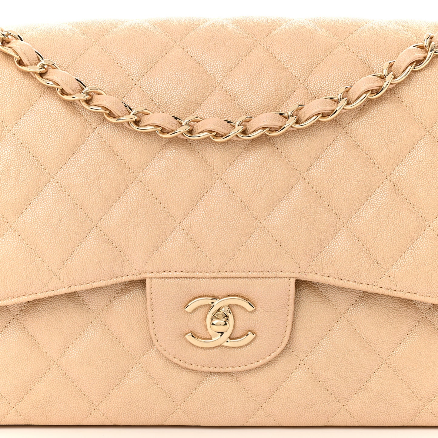 Iridescent Caviar Quilted Jumbo Double Flap Beige