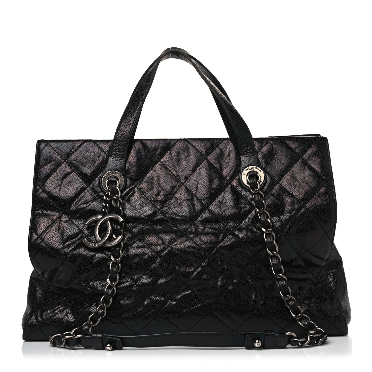 Crumpled Grained Calfskin Quilted CC Crave Tote Black