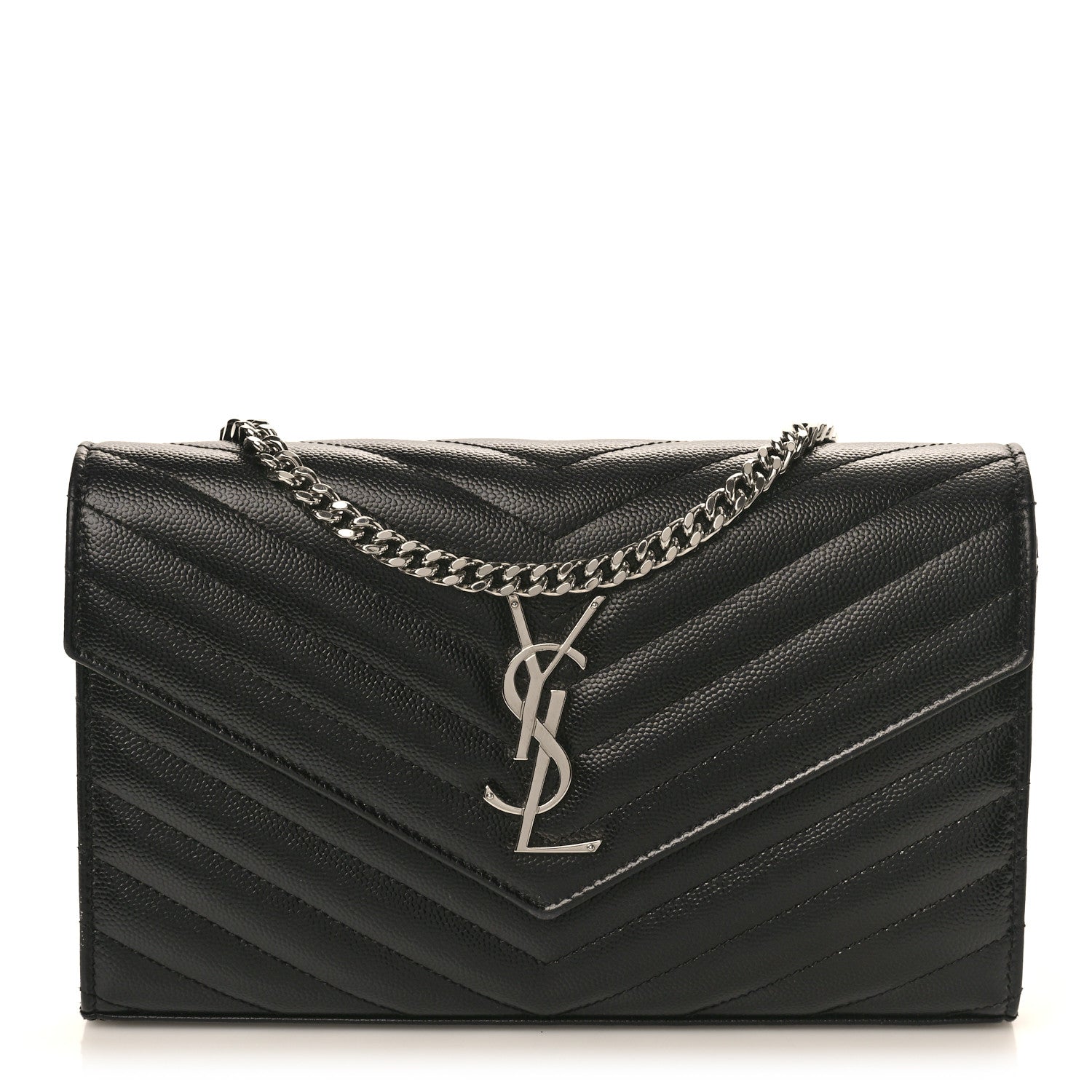 Saint Laurent Grain De Poudre Matelasse Chevron Monogram Chain Wallet Black 1 of 9