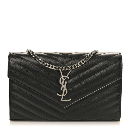 Saint Laurent Grain De Poudre Matelasse Chevron Monogram Chain Wallet Black 1 of 9
