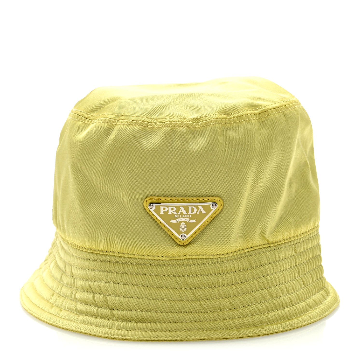 Prada Re-Nylon Metal Triangle Logo Womens Bucket Hat S Neon Yellow 1 of 7
