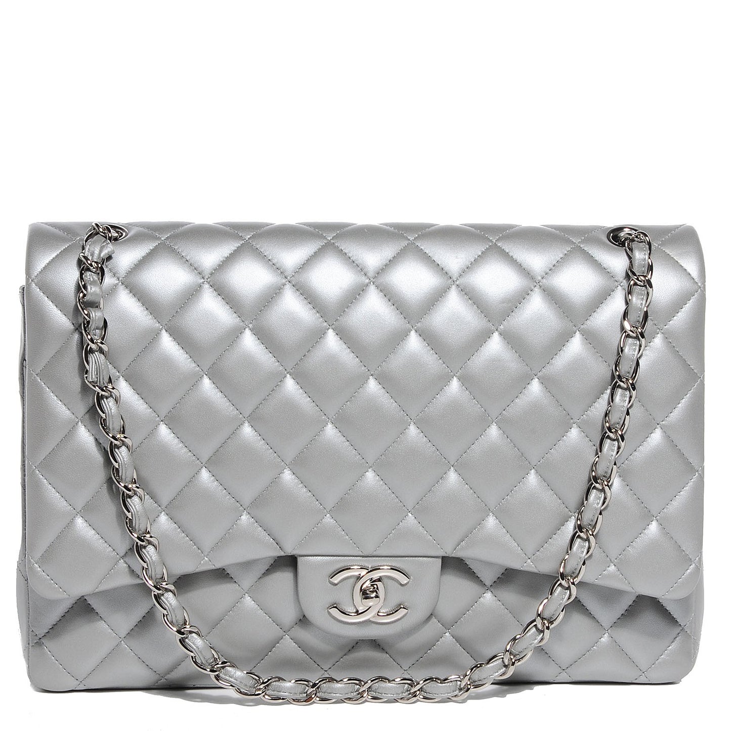 Lambskin Maxi Double Flap Silver