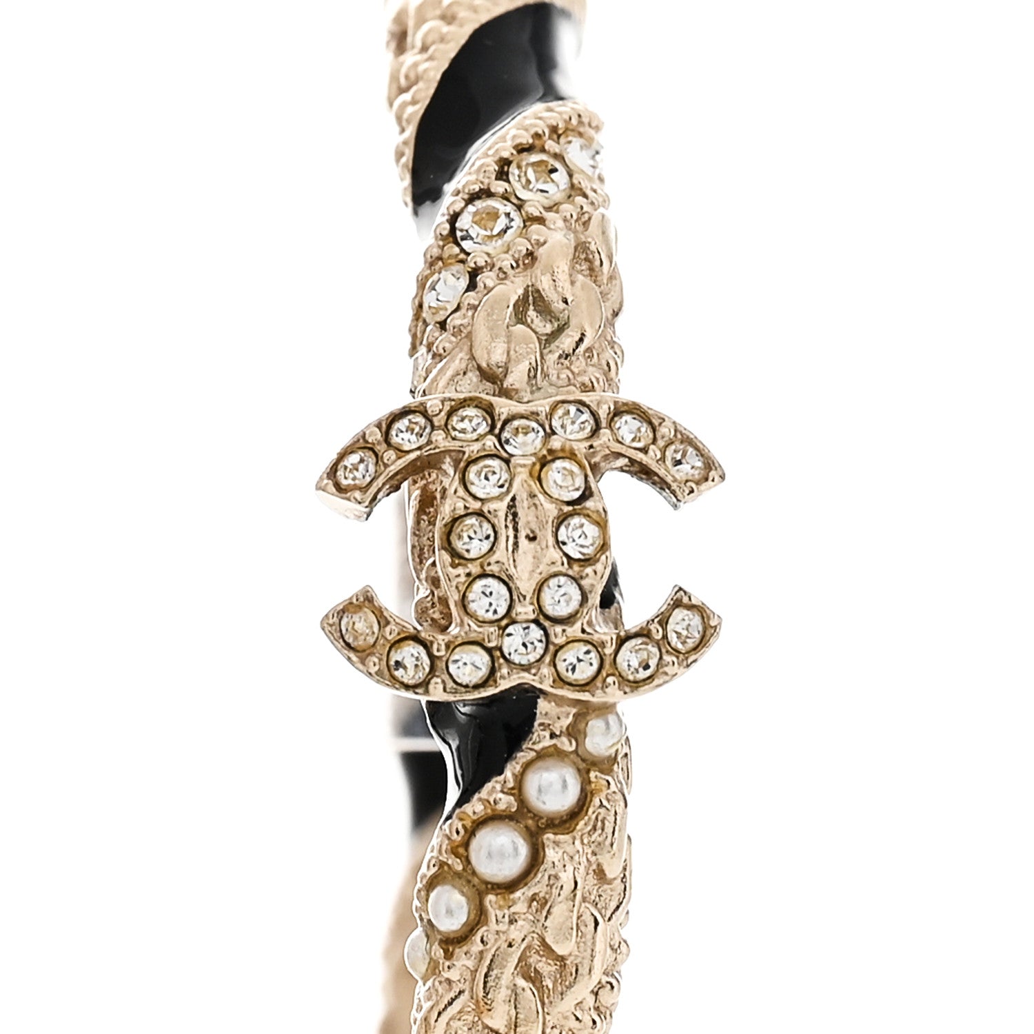 Chanel Crystal Pearl Twist CC Hoop Earrings Gold Black 6 of 7