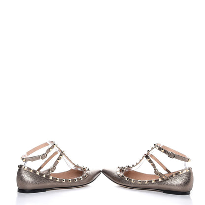 Valentino Garavani Metallic Pebbled Calfskin Rockstud Cage Ballerina Flats 37.5 Sasso 6 of 11