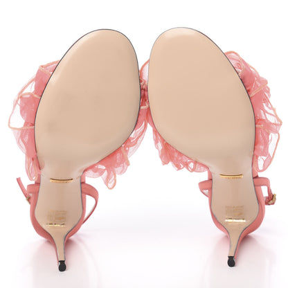 Gucci Tulle Ruffle Mid Heel Slingback Sandals 40 Peach White 5 of 10