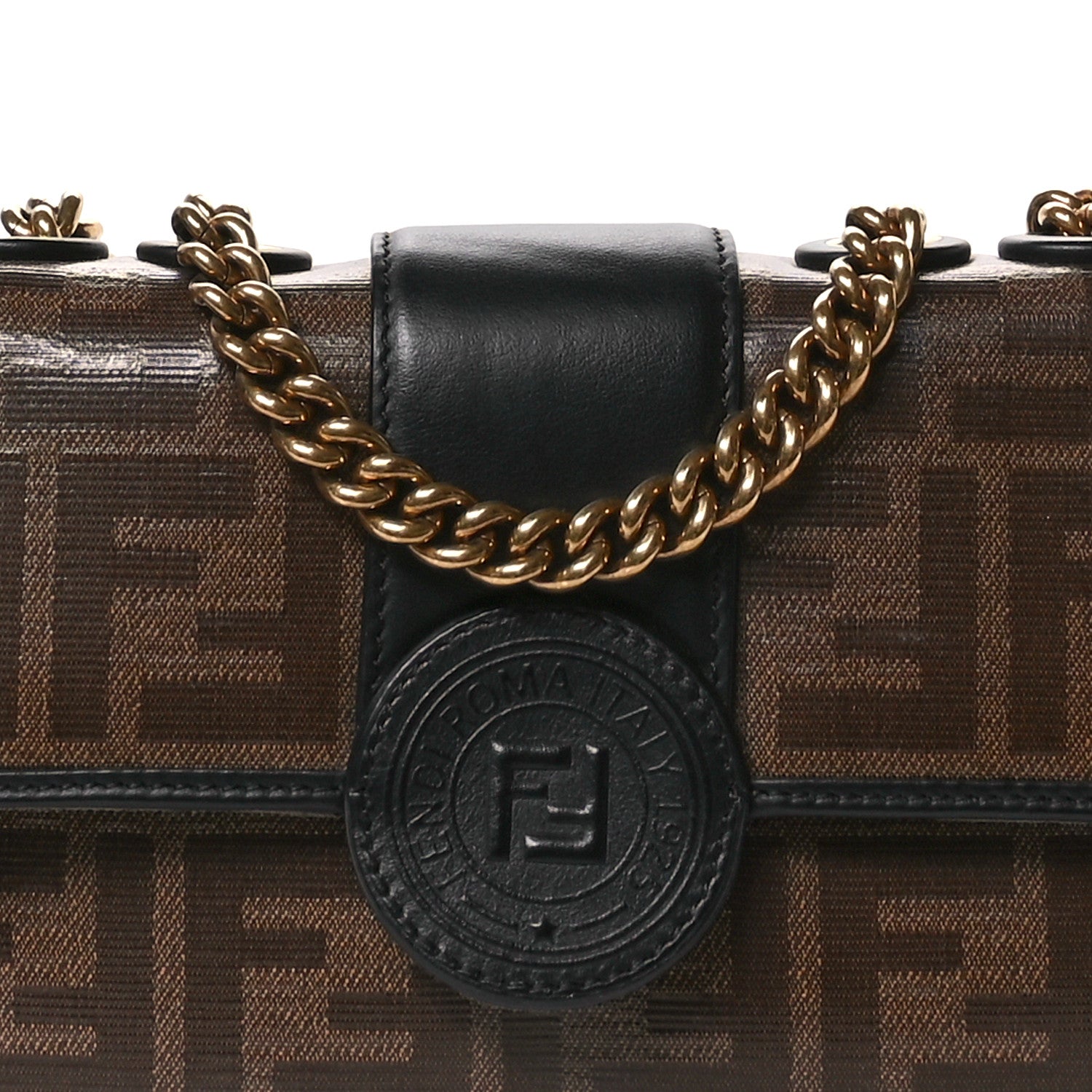 Fendi Glazed Fabric Vitello Century FF 1974 Stamp Patch Mini Double F Crossbody Bag Mogano Panna Black 8 of 10
