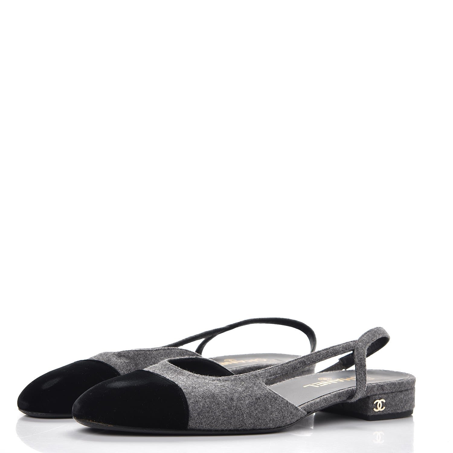 Chanel Wool Velvet Cap Toe CC Slingback Pumps 40.5 Grey Black 3 of 10