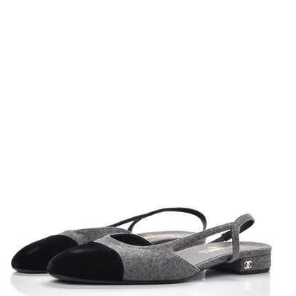 Chanel Wool Velvet Cap Toe CC Slingback Pumps 40.5 Grey Black 3 of 10