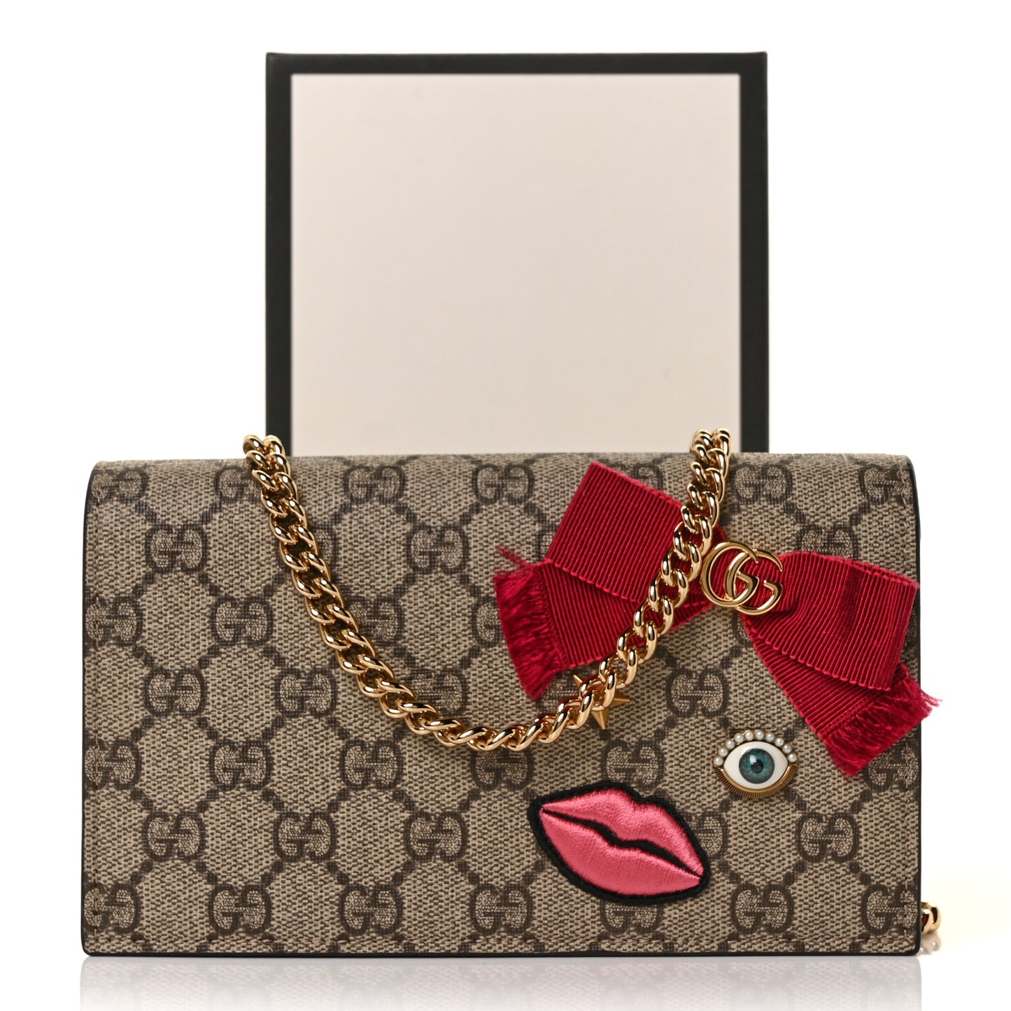 GG Supreme Monogram Face Embroidered Chain Wallet Pink