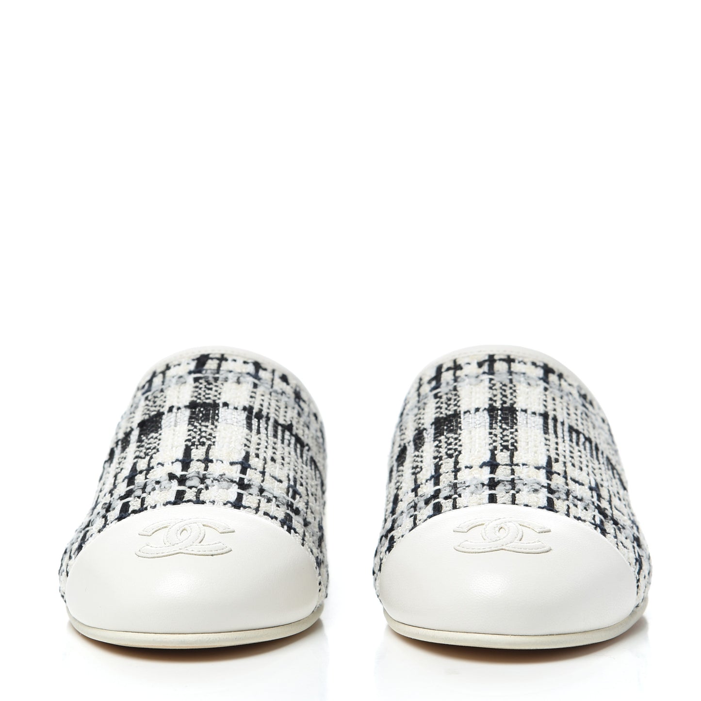 Tweed Lambskin CC Flat Mules 35.5 White Black