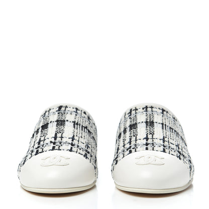 Chanel Tweed Lambskin CC Flat Mules 35.5 White Black 2 of 9