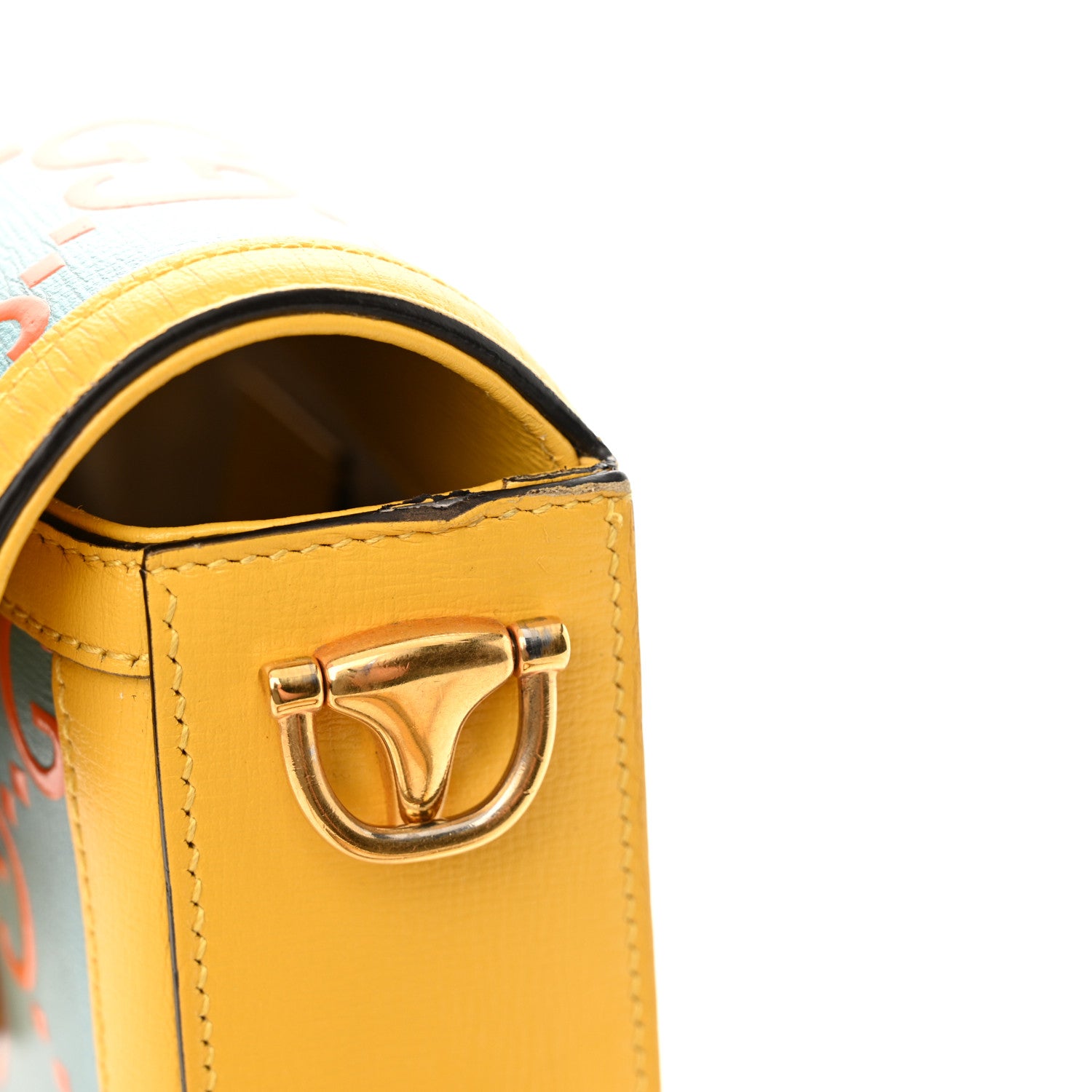Gucci Azalea Calfskin GG Monogram Bi-Color Debossed Mini Horsebit 1955 Shoulder Bag Dusty Azure Stone Topaz Deep Orange 14 of 19