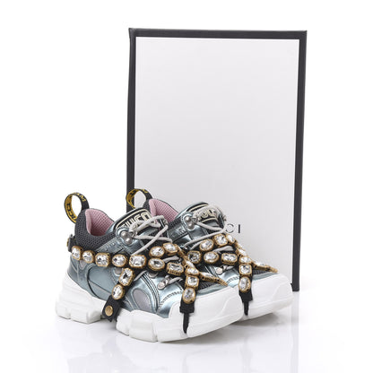 Gucci X SEGA Metallic Calfskin Removable Crystals Womens Flashtrek Sneakers 36.5 Lago Loess Silver 8 of 8
