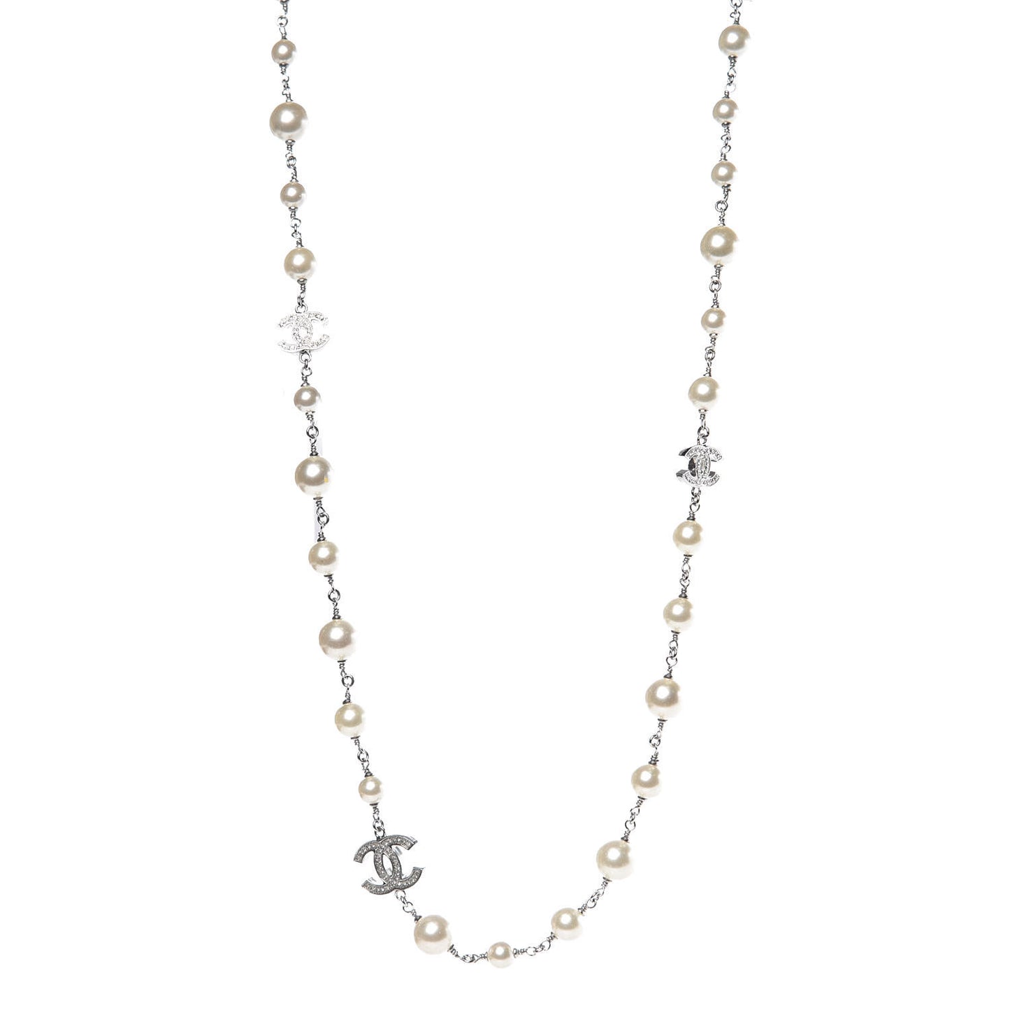 Pearl Baguette Crystal CC Long Necklace Silver