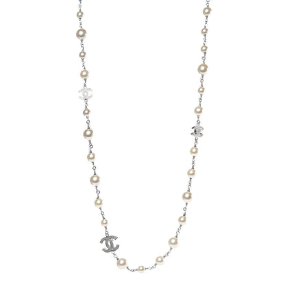 Chanel Pearl Baguette Crystal CC Long Necklace Silver 1 of 5