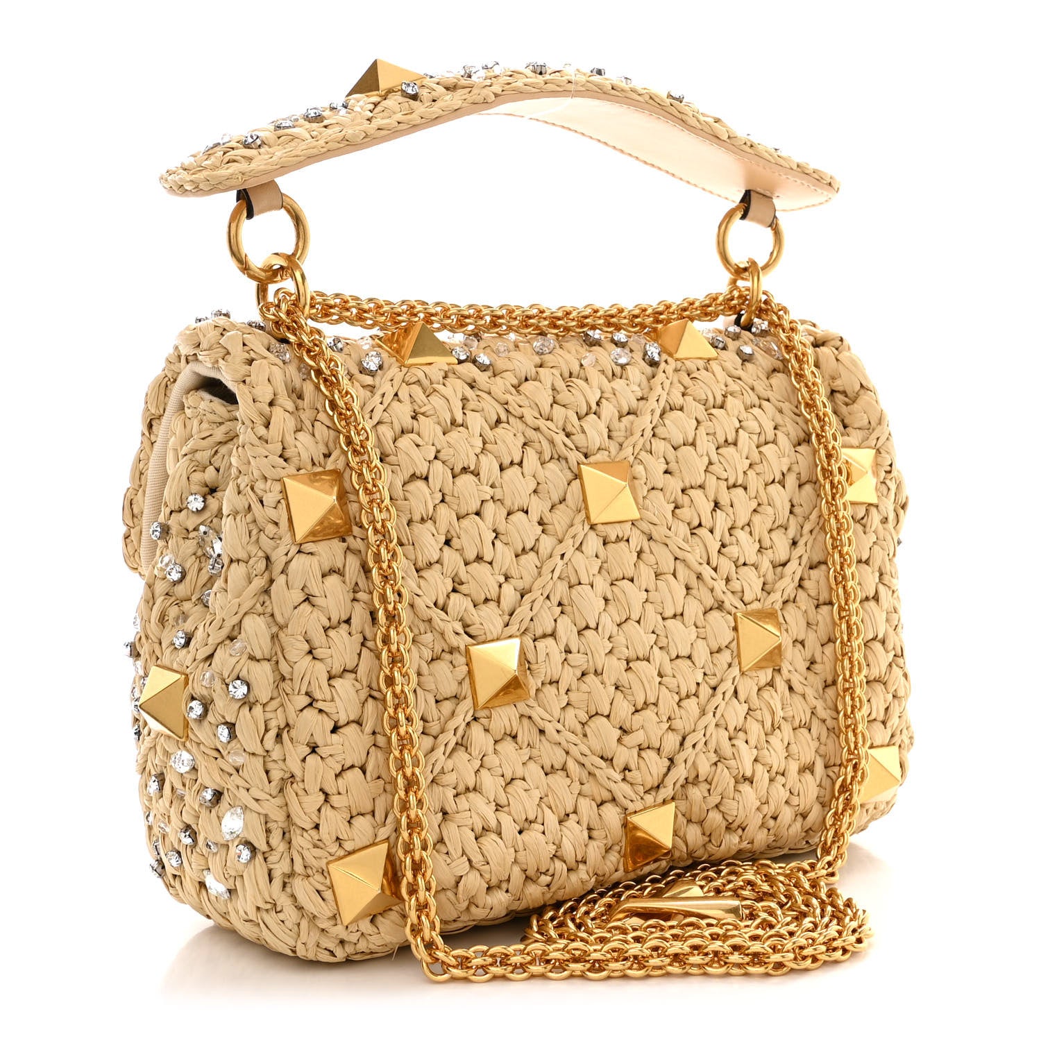 Valentino Garavani Raffia Crystal Medium Roman Stud Shoulder Bag Naturale Crystal 3 of 11