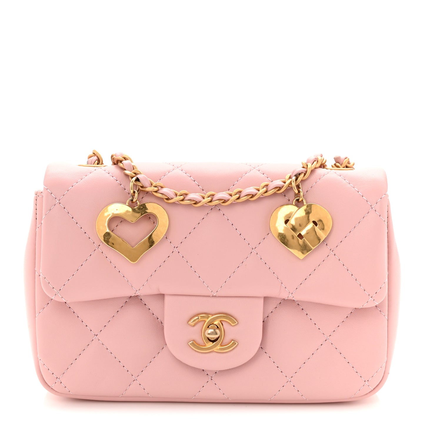 Lambskin Quilted Mini Heart Charms Flap Light Pink
