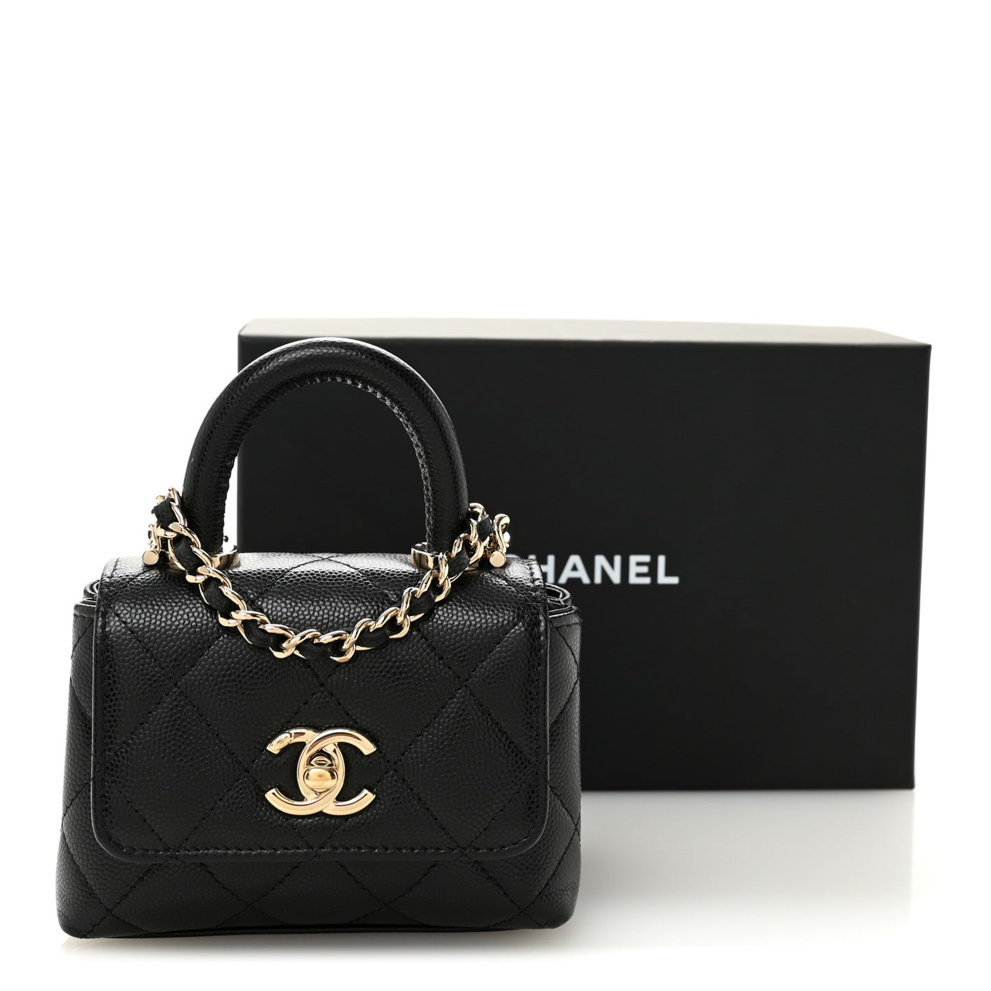 Caviar Quilted Nano Coco Handle Clutch With Chain Black